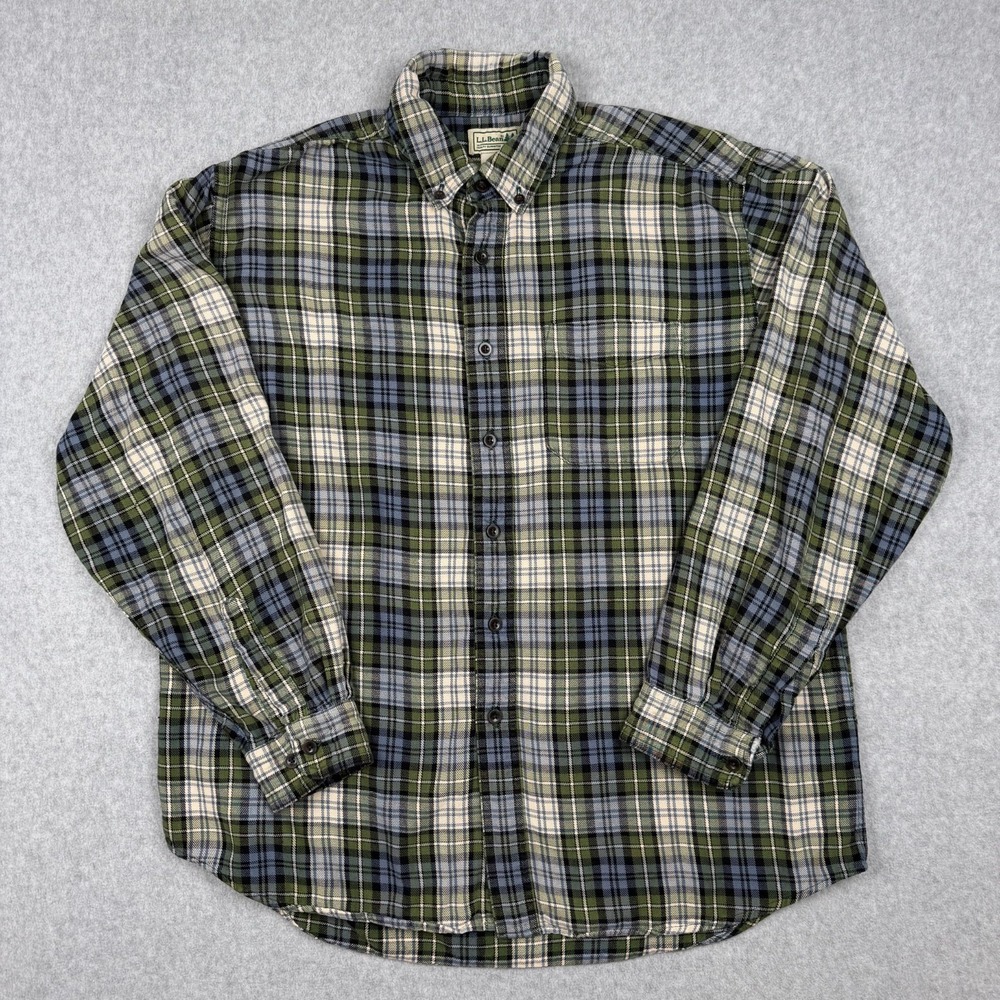 LL Bean Button Down Flannel Shirt Mens L Green Blue Plaid Cotton Long Sleeve